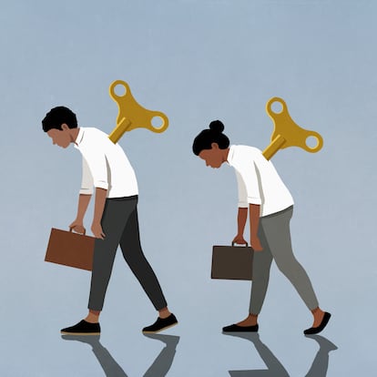 Slumped windup business people walking on blue background