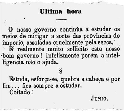 Nota publicada pela Revista Ilustrada em 1877 com crítica ao governo imperial na condução da crise da seca