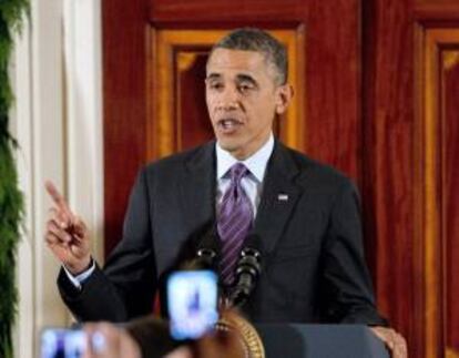 El presidente de Estados Unidos, Barack Obama, pronuncia un discurso el 5 de diciembre de 2013, durante la recepción del Janucá, en la Casa Blanca, Washington, DC (EE.UU.).