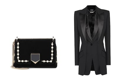 Efecto doble

Bolso con detalle de perlas de Jimmy Choo (1.150€).

Blazer negro con doble solapa de Alexander McQueen (2.795€).