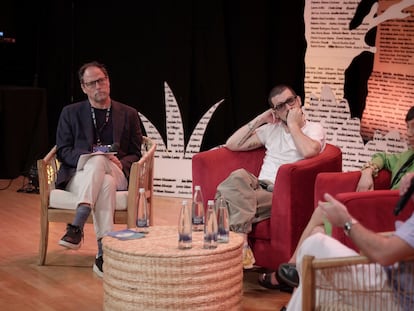 Jan Martínez Ahrens, Carlos Manuel Álvarez, Laura Aguirre y Alfredo Meza en el Hay Festival Cartagena de Indias.