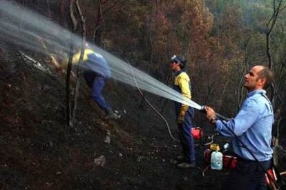 Bomberos de la Generalitat trabajan en las tareas de extinción del incendio forestal declarado en Sant Quirze.