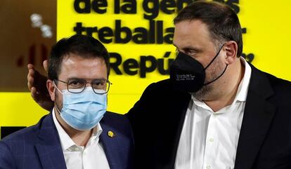 Pere Aragonès (esq.) i Oriol Junqueras, l'endemà de les eleccions del 14-F.