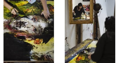 Lita Cabellut trabalhando em suas obras em seu ateliê.