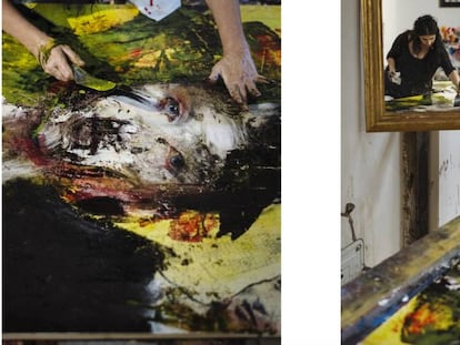 Lita Cabellut trabalhando em suas obras em seu ateliê.