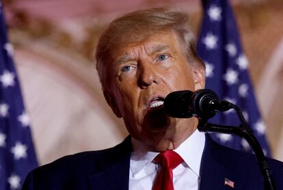 Former president Donald Trump speaks during an event at his Mar-a-Lago estate in Palm Beach, Florida, on November 15, 2022.