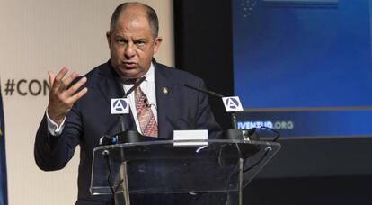 El presidente de Costa Rica, Luis Guillermo Sol&iacute;s, este martes en Madrid.