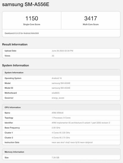 Samsung Galaxy A55 en la prueba Geekbench con OneUI 8 basado en Android 16