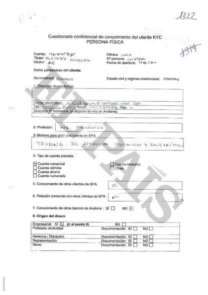 Cuestionario de cliente que rellenó el exministro de Ecuador Alecksey Mosquera en la BPA. 