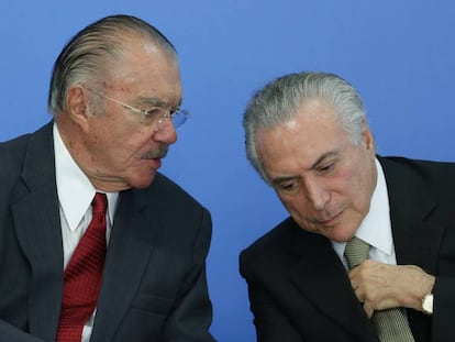 Sarney com Temer na cerim&ocirc;nia de posse de Marcelo Calero no Minist&eacute;rio da Cultura, nesta ter&ccedil;a-feira. 