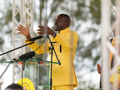 Leader of the opposition CCC party Nelson Chamisa addresses supporters at the party's launch rally in Harare, Zimbabwe, Sunday, Feb 20, 2022.