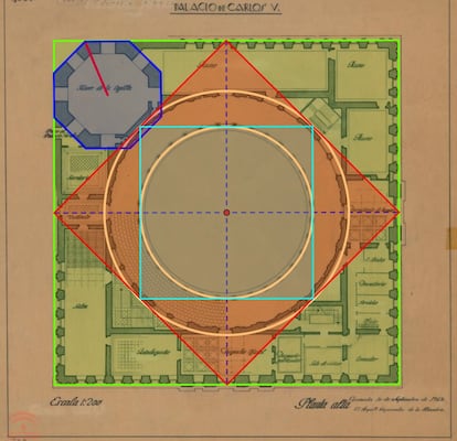 El radio de la circunferencia que circunscribe el octógono sobre el que se levanta la capilla marca las proporciones de todo el Palacio de Carlos V. El cuadrado representa el poder terrenal y la circuferencia, el divino.