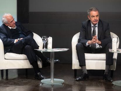 Ernesto Samper y José Luis Rodríguez Zapatero, integrantes del Grupo de Puebla, en Madrid, el 18 de noviembre del 2022.