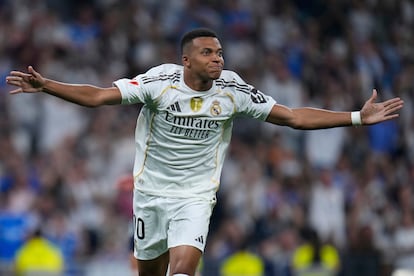 Kylian Mbappé celebra el gol del triunfo en el Santiago Bernabéu.
