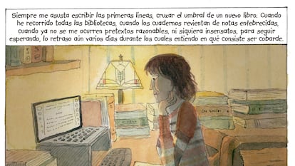 Viñeta de la adaptación gráfica del ensayo 'El infinito en un junco', de Irene Vallejo, ilustrada por Tyto Alba.