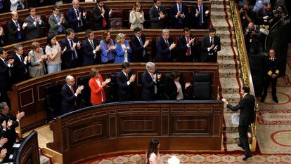 Rajoy tras su intervención en la primera jornada de la moción de censura presentada por el PSOE contra el Gobierno.