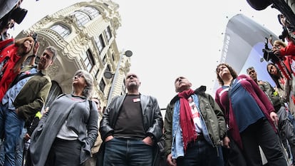 Los secretarios generales de CCOO y UGT, Unai Sordo y Pepe Álvarez, encabezan la manifestación del Primero de Mayo en Madrid.