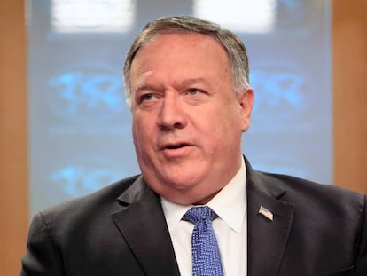 El secretario de Estado de EE UU, Mike Pompeo, durante una ruda de prensa este miércoles. 