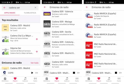 Emisoras en directo en la nueva app de Apple Music para Android.