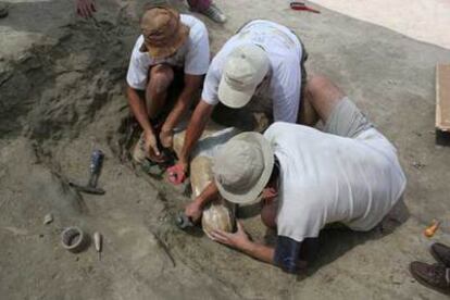 Los paleontólogos extraen un fósil de dinosaurio en el yacimiento de Andrés (Portugal).