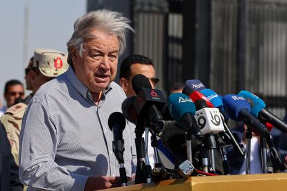 United Nations Secretary-General Antonio Guterres speaks as he visits the Rafah border crossing between Egypt and the Gaza Strip, March 23, 2024.