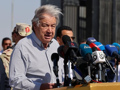 United Nations Secretary-General Antonio Guterres speaks as he visits the Rafah border crossing between Egypt and the Gaza Strip, March 23, 2024.