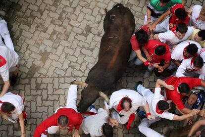 Los toros de la ganadería de Jandilla  protagonizan el penúltimo encierro de los Sanfermines por las calles de Pamplona.