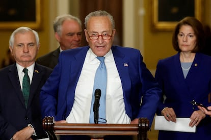 U.S. Senate Majority Leader Chuck Schumer (D-NY), with Senator Jack Reed (D-RI), Senator Tim Kaine (D-VA) and Senator Catherine Cortez Masto (D-NV), holds a press conference after the weekly Democratic caucus policy luncheon at the U.S. Capitol in Washington, U.S. July 19, 2023.