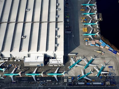 Imagen aérea de varios B737 MAX estacionados en la fábrica de Boeing en Renton (Washington).