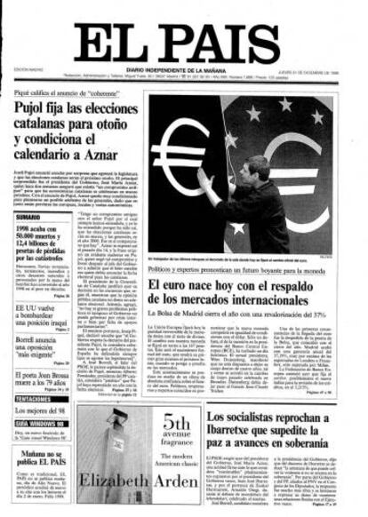Portada de EL PAÍS de el 31 de diciembre de 1998, con la bienvenida del euro