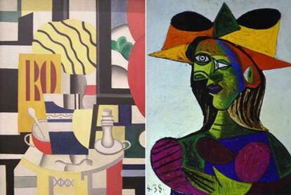 Left, 'Head of a Woman' by Pablo Picasso stolen from a yacht in 2000. Right, 'Nature morte aux chandeliers' by Fernand Léger, stolen from Museo D'Orsay in Paris last May.