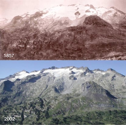 La fotografía de 1857 muestra el estado del glaciar en el que quizá fuera su máximo avance al final de la Pequeña Edad de Hielo, que acabó en 1860. Unos 150 años después, el retroceso es tan acusado que en poco tiempo podría quedar relegado a la categoría de helero. En 2011 ocupa solo 26 hectáreas.