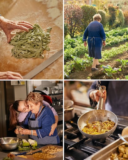 Imperia cooks green fettuccine with nettle juice and white fettuccine tossed with ‘guanciale,’ broccoli, and white wine. Top right: Imperia in her vegetable garden; bottom left: with her granddaughter in the kitchen.