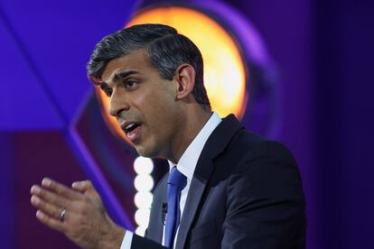 El primer ministro británico, Rishi Sunak, durante su intervención en el debate celebrado este miércoles en la BBC.