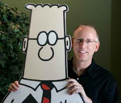 Scott Adams, creator of the comic strip Dilbert, poses for a portrait with the Dilbert character in his studio in Dublin, Calif., Oct. 26, 2006.