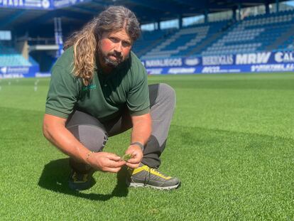 Roberto Cordero, responsable del campo de la SD Ponferradina, examina el césped de El Toralín.