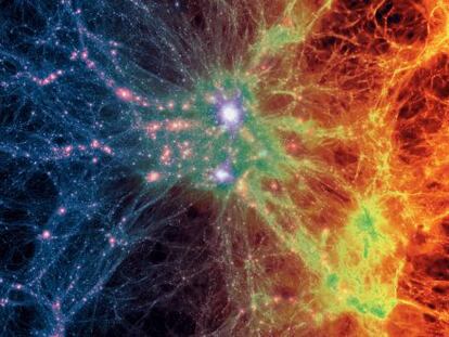 La transici&oacute;n de la materia oscura (izquierda) al gas (derecha) en un c&uacute;mulo gal&aacute;ctico, seg&uacute;n el modelo Illustris de la evoluci&oacute;n del Universo.