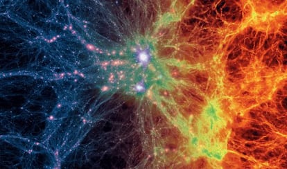 La transici&oacute;n de la materia oscura (izquierda) al gas (derecha) en un c&uacute;mulo gal&aacute;ctico, seg&uacute;n el modelo Illustris de la evoluci&oacute;n del Universo.