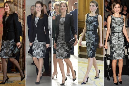 Este es uno de los vestidos más rentabilizado por la reina Letizia. Lo ha llevado en nueve ocasiones y parece que no se cansa de él. Lo firma Hugo Boss y su pieza estrella para combinarlo es una americana negra sin abotonar.