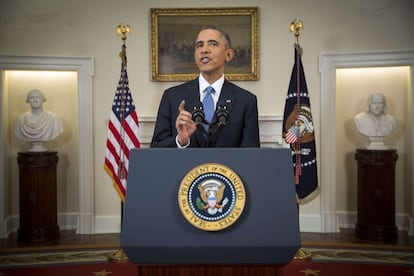 El presidente Barack Obama pronuncia su discurso a la nación desde la Sala del Gabinete de la Casa Blanca.