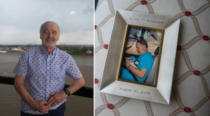 Juan Gershanik en su balcón en Nueva Orleans (izq), una fotografía de Gershanik con el bebé que salvó del huracán Katrina enmarcado en su casa (der).