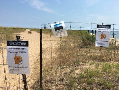 Carteles demanant als jugadors de Pokémon Go que respectin una zona natural a Chicago, EUA.