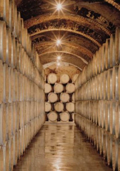 Sala de barricas de bodegas Protos.