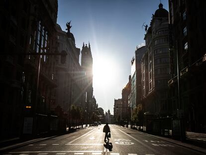 La Gran Vía durante el estado de alarma, en marzo de 2020.