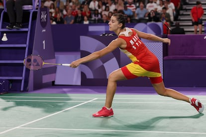 Carolina Marín durante las semifinales de bádminton en París 2024.