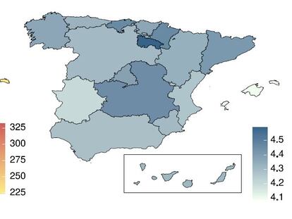 Mapas de la diversidad del microbioma español por regiones, según los índices ASV Observados (izquierda) y Shannon. En colores más oscuros, las zonas con mayor riqueza de microorganismos.