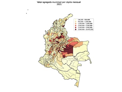 Valor agregado municipal per cápita mensual 2021 en Colombia