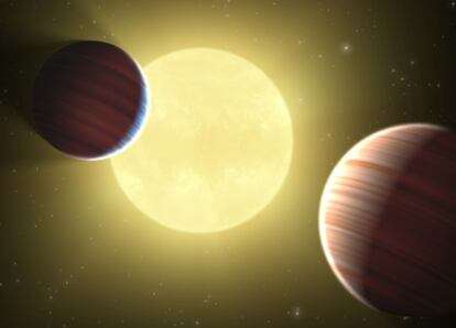 Ilustración de dos planetas tipo Saturno alrededor de una misma estrella, descubiertos por el satélite <i>Kepler</i>.
