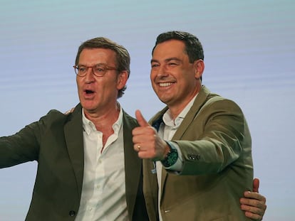 El presidente del Partido Popular, Alberto Núñez Feijóo, y el presidente de la Junta, Juan Manuel Moreno, durante la campaña de las elecciones autonómicas andaluzas de 2022.