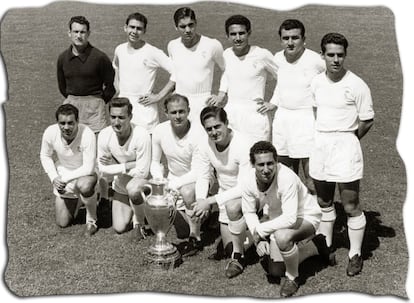 1º Copa de Europa, 1956.Alonso, Marquitos, Atienza, Lesmes, Muñoz,  Zárraga, Kopa, Mateos, Di Stéfano, Rial y Gento.